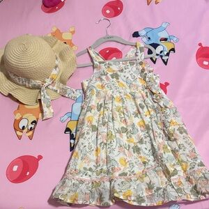 cupcakes & cashmere Floral Kids Dress with Hat - Yellow and Cream
